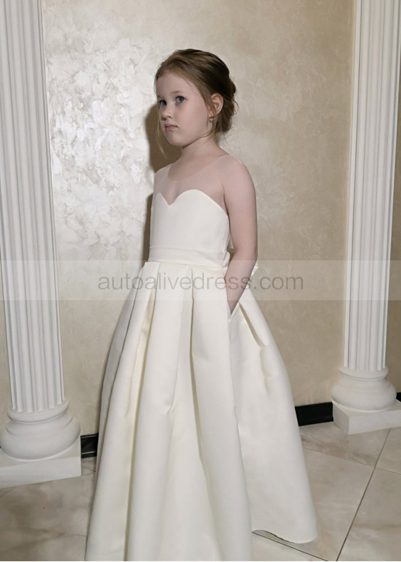 Ivory Satin Box Pleated Simple Flower Girl Dress With Pockets